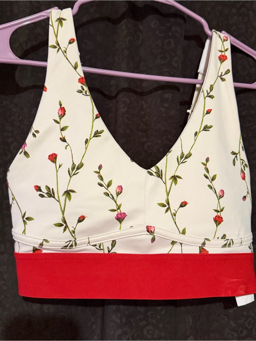Fabletics White Floral V-Neck Sports Bra with Red Band